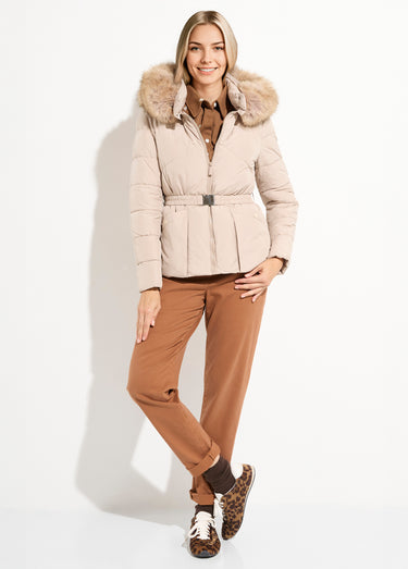 Doudoune courte ceinturée capuche fourrure Beige
