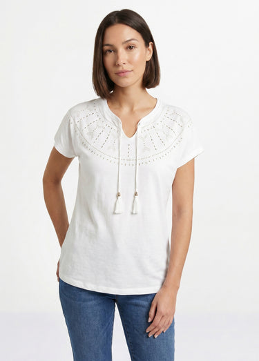 T-shirt court uni clouté maille flammée Blanc Casse