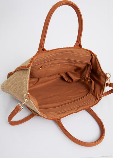 Sac trapèze en jute, poignées coton Camel