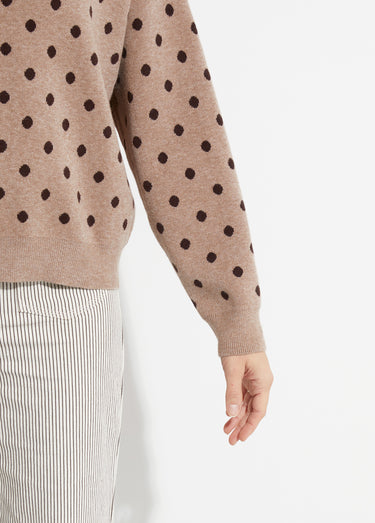 Pull à pois col rond, maille jacquard Taupe