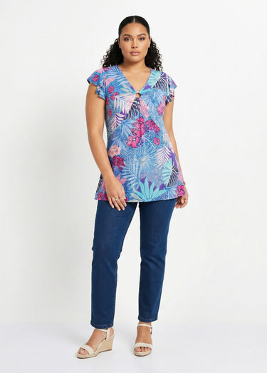 T-shirt long évasé col V drapé Bleu/Fuchsia