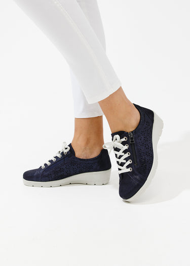 Baskets lacées grande largeur cuir Marine