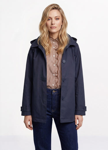 Trench court déperlant, capuche amovible Marine