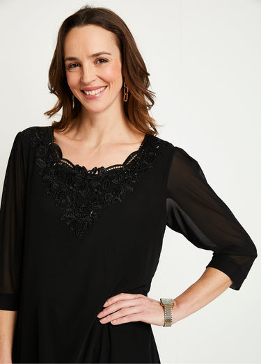 T-shirt long ample résille brodée Noir