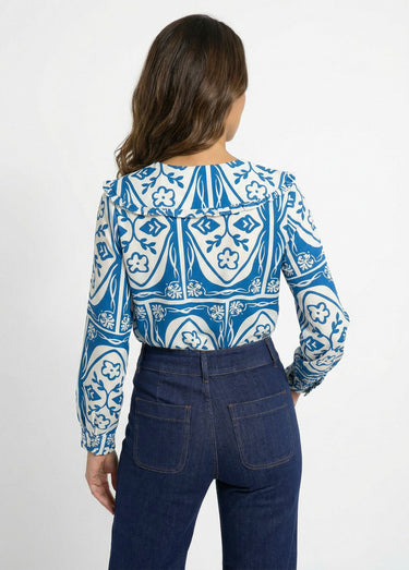 Chemisier col claudine, motif fantaisie Bleu Imprime