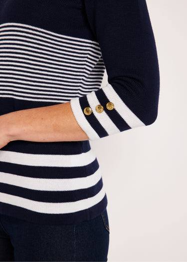 Pull rayé manches 3/4 coton Marine / Blanc