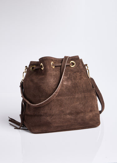 Sac forme seau en cuir daim et à franges Marron