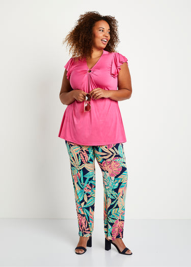 Pantalon large ceinture élastiquée feuillage Vert/Rose