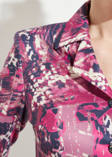 Robe boutonnée col tailleur mi longue imprimée Rose/Marine