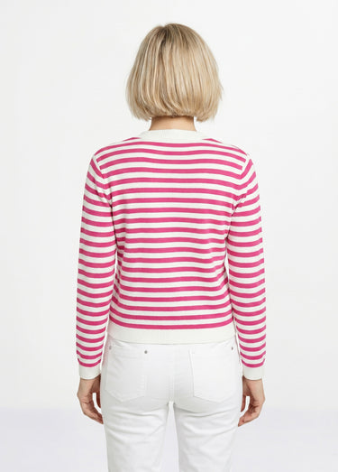 Gilet cardigan court col rond rayé boutonné Raye Fuchsia