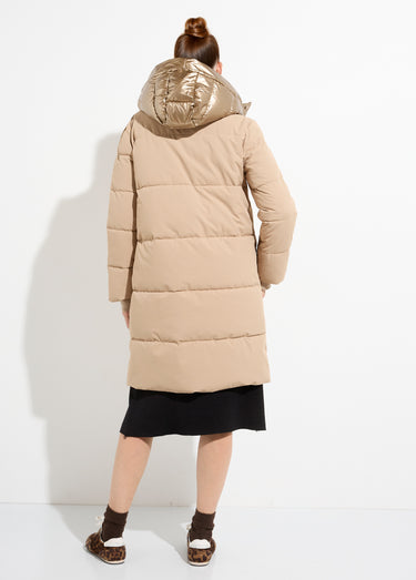 Doudoune longue capuche métallisée Beige