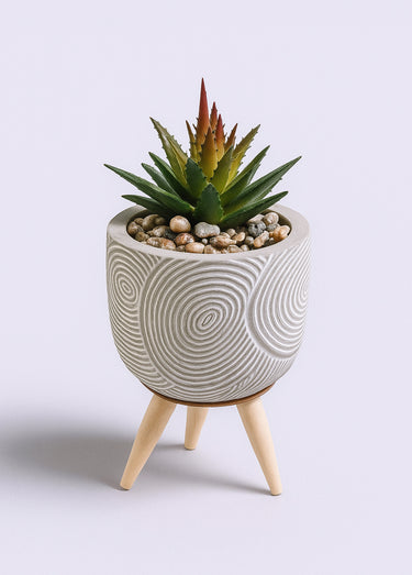 Plante artificielle + pot ciment décoré Gris Ovale