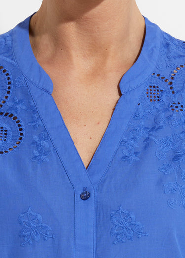 Chemisier long coton brodé manches 3/4 Bleu