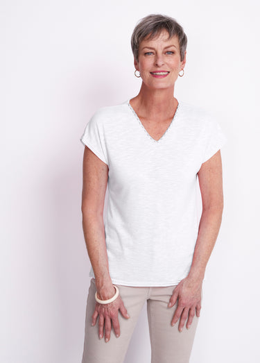 T-shirt col V fluo en maille flammée Blanc