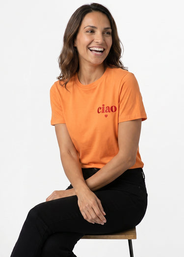 T-shirt col rond broderie Ciao et coeur Orange