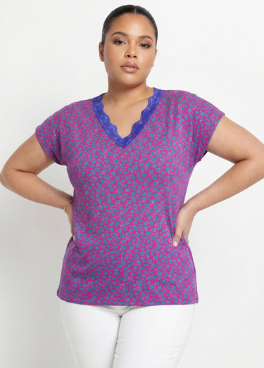 T-shirt court extensible dentelle Fond Fuchsia