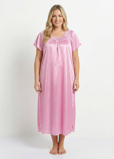 Chemise de nuit satinée longue antistatique dentelle Rose