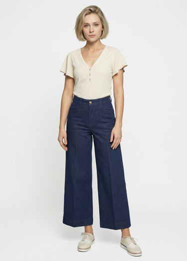 T-shirt col V jersey cotelé, Essentiel Ecru