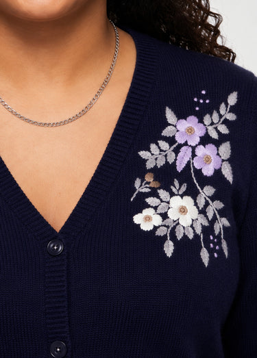 Gilet doux uni col V boutonné court brodé Marine