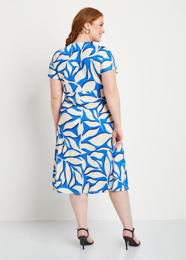Robe courte évasée motif feuilles Bleu / Écru