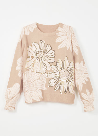 Pull fin imprimé fleurs sequins col rond Beige