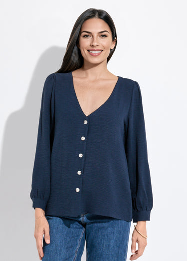 Tunique reliefée boutonnée, col V Marine