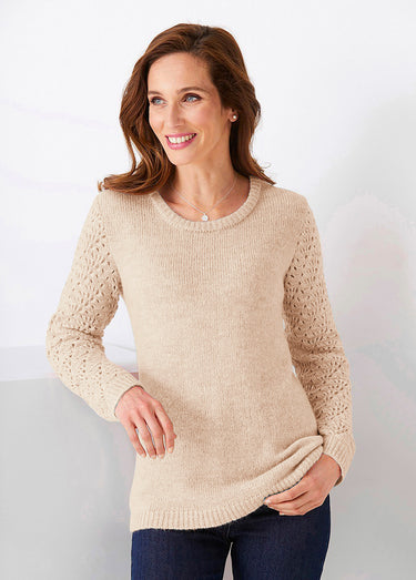 Pull effet poilu avec maille ajourée Ecru