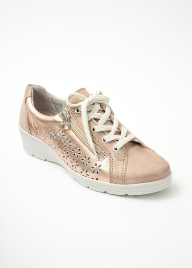 Baskets lacées grande largeur cuir Rose Poudre