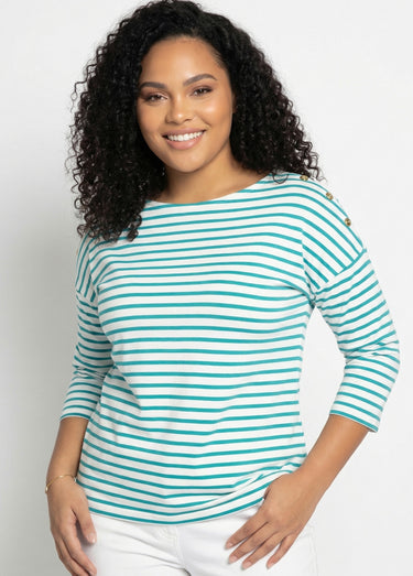T-shirt marinière rayé manches 3/4 Blanc/Aqua