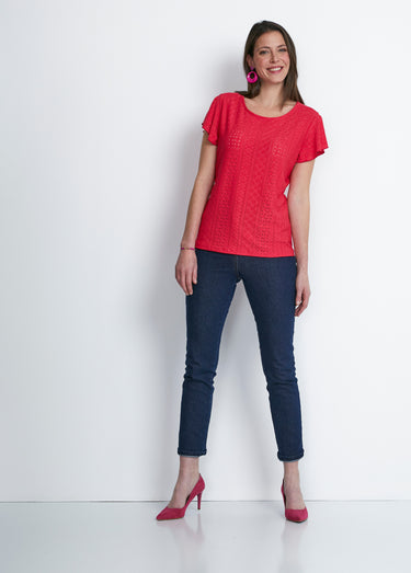Tee-shirt manches papillon maille ajourée Framboise