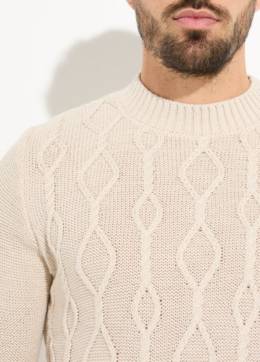 Pull irlandais chaud avec laine col rond Ecru