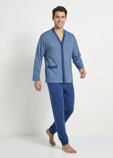 Pyjama boutonné manches longues coton Imprime/Bleu