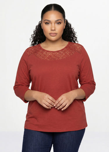 T-shirt coton et dentelle manches 3/4 Tomette