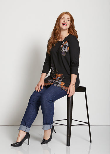 Tunique longue motif pailleté fleurs Noir