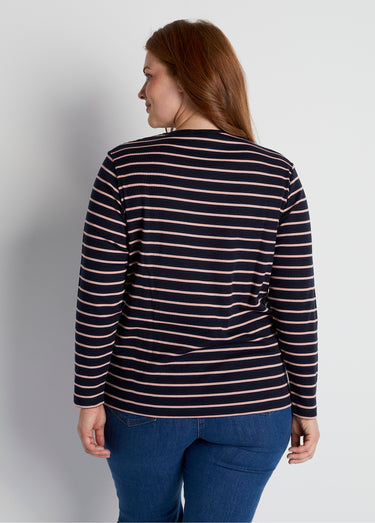 T-shirt marinière court coton manches longues Marine/Rose