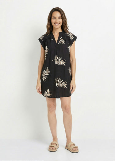 Robe housse courte, broderies feuilles Noir