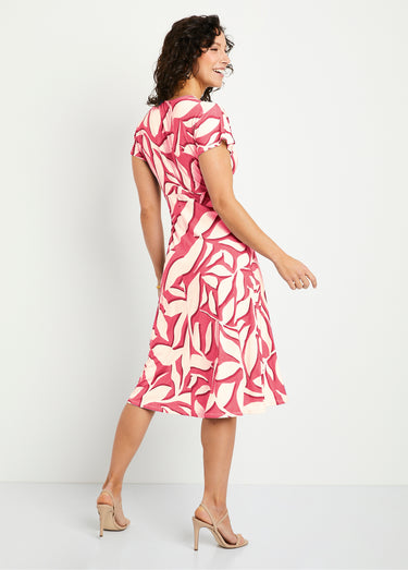 Robe courte évasée motif feuilles Rose/Ecru