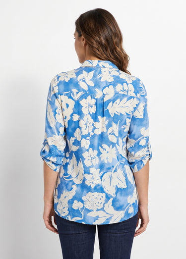 Chemisier ample long fleuri Bleu / Blanc