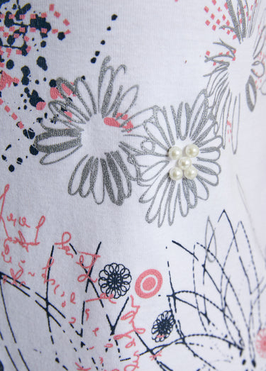 T-shirt long motif fleuri fentes côtés Blanc