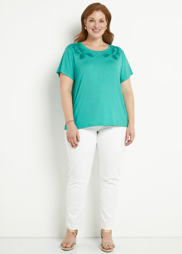 T-shirt coton brodé ajouré col rond Aqua