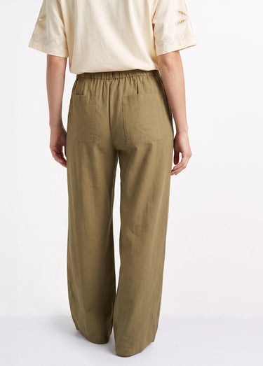 Pantalon large avec lin, style ethnique Kaki