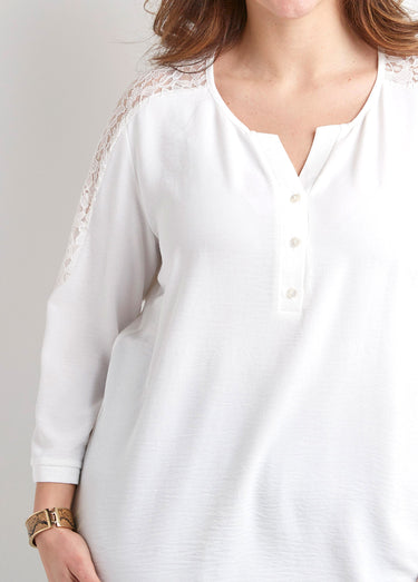 Tunique manches 3/4 col V boutonné dentelle Ecru