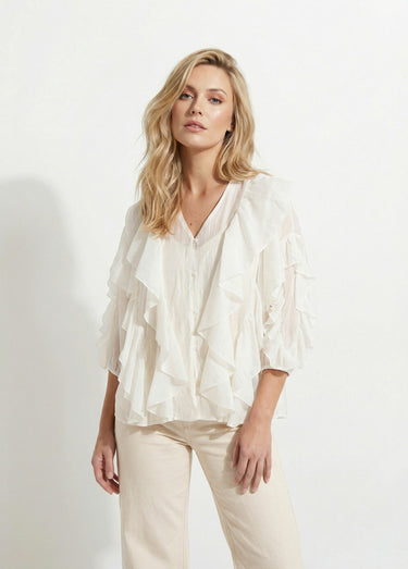 Blouse col V boutonnée à volants Blanc