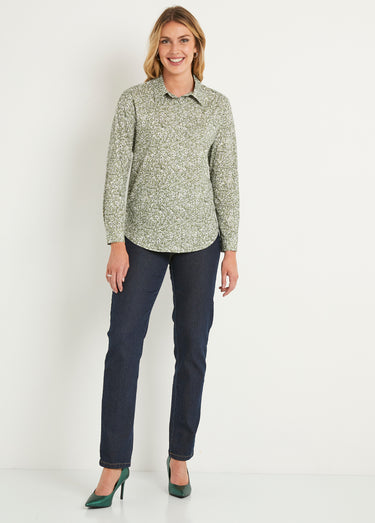 Chemisier droit coton fleuri boutonné Vert