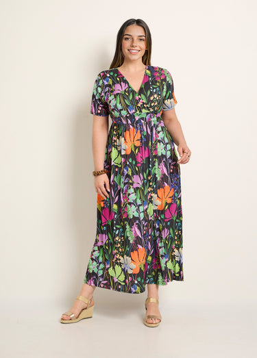 Robe longue fluide manches courtes, fleuri Imprime Fond Noir