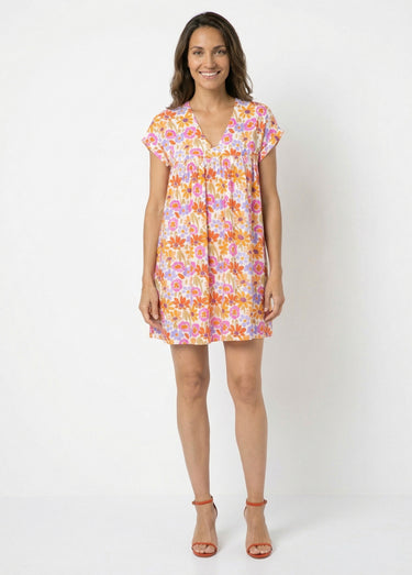 Robe fleurie, détail dos forme  goutte Orange/Violet