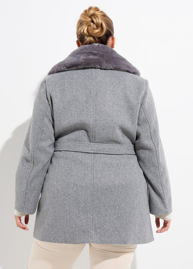 Manteau toucher laineux col fourrure Gris Clair