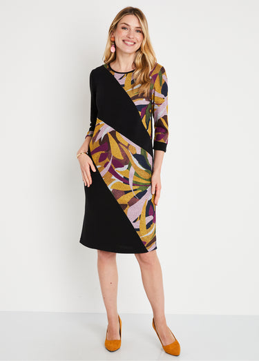 Robe courte droite maille chaude graphique Noir/Rose