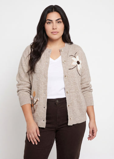 Gilet épais maille avec broderies fleurs Beige