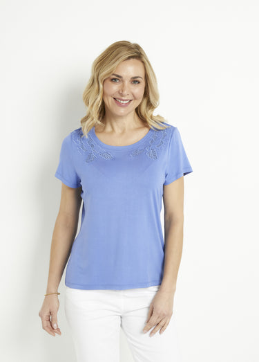 T-shirt coton brodé ajouré col rond Lavande